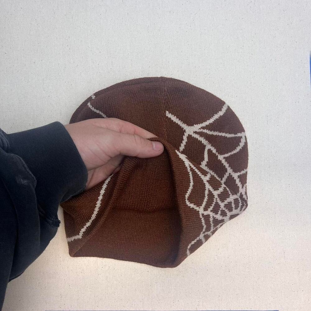Y2k 2000s grunge gothic spiderweb brown beanie - Picture 6 of 6